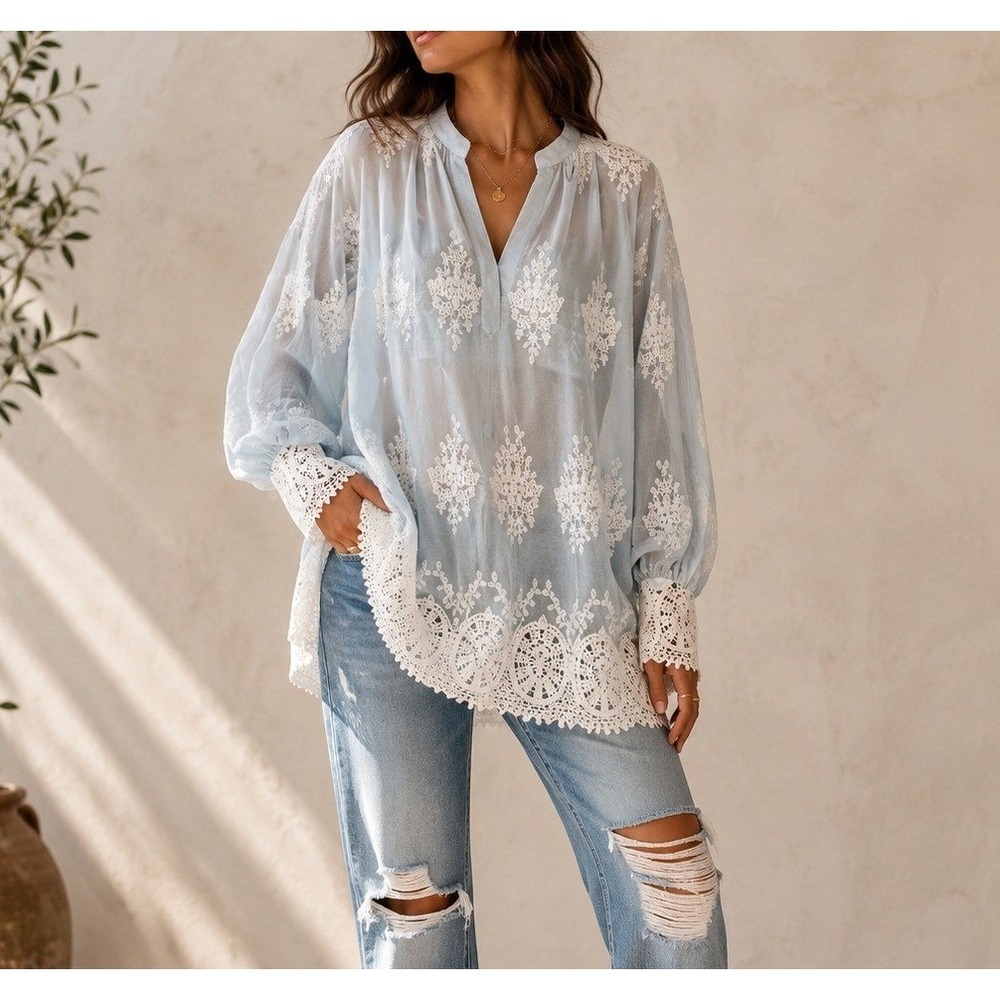 Anthropologie Unreleased Sample Lace Embroidered Tunic Blouse Blue M / L‎ Rare